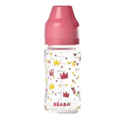 Beaba, Butelka szklana, szerokootworowa, Yellow/Pink Crown, 240 ml