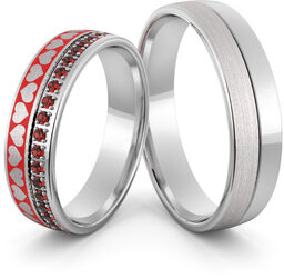 Obrączki srebrne emaliowane z sercami i rubinami -