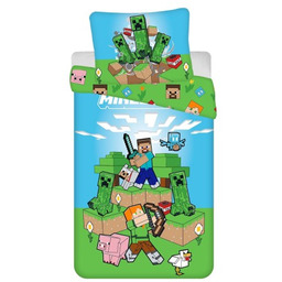 Pościel dla dzieci 140x200 Minecraft zielona niebieska bawełniana