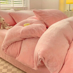 Pościel pluszowa 200x220 3cz. gładka zimowa miś różowa