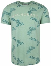 T-Shirt Miętowy z Nadrukiem w Listki, Męski, Koszulka,