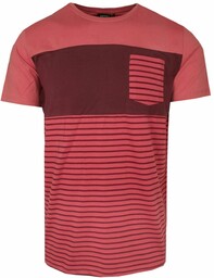T-Shirt Koralowy w Paski, z Kieszonką, Męski, Koszulka,