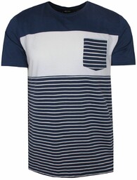 T-Shirt Granatowo-Biały w Paski, z Kieszonką, Męski, Koszulka,