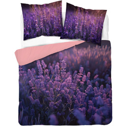 Pościel satynowa z mikrowłókna czarna w fioletowe kwiaty