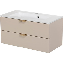 Piaskowa szafka łazienkowa wisząca z umywalką złoty uchwyt