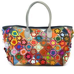 Duży Skórzany kuferek shopperbag w kolorowe kwiaty