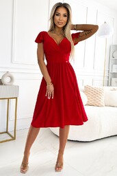 Rozkloszowana Sukienka Lekko Elastyczna z Brokatem - Czerwona