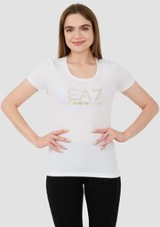 EA7 Biały damski t-shirt z cyrkoniami
