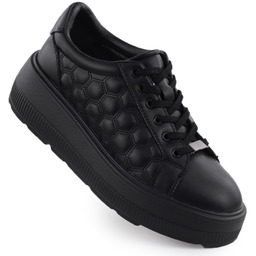 Skórzane półbuty damskie pikowane sneakersy na platformie czarne