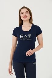 EA7 Granatowy damski t-shirt ze srebrnym logo