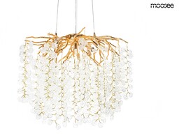 LAMPA WISZĄCA na złotym stelażu, akrylowe transparentne klosze,