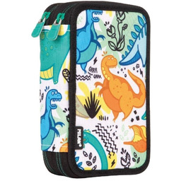 Piórnik szkolny dziecięcy 2-poziomowy z wyposażeniem w dinozaury