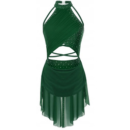 Sukienka Latino Body Tunika Strój Gimnastyka Cyrkonie Zielony