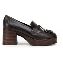 Damskie czółenka skórzane na słupku brązowe