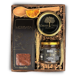 Zestaw kosz prezentowy upominek herbata miód konfitura wiśniowa