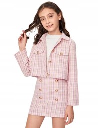 Shein Komplet Tweedowy Różowy Marynarka Spódnica Mini 128