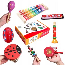 Instrumenty dla dzieci zestaw cymbałki bęben tamburyn harmonijka