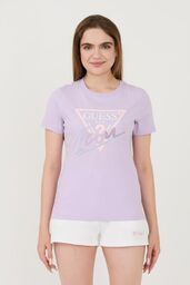 GUESS Lawendowy damski t-shirt bawełniany Icon Tee