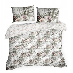 Pościel satynowa 160x200 Nika 53 biała zielona kwiaty