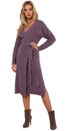 Swetrowa Sukienka z Wiązaniem na Zakładkę - Wrzosowa