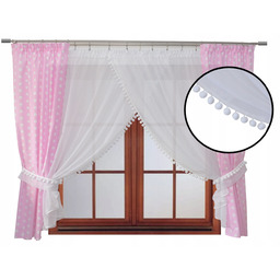 Komplet firana zasłona dziecięca Karolinka Różowa grochy pompony