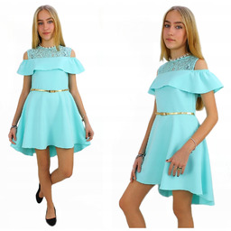 Wizytowa Miętowa Galowa Sukienka Z Paskiem 152