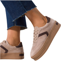 Ciemnobeżowe sneakersy skórzane damskie creepersy na platformie czekoladowe