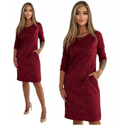 Bordowa Sweterkowa Sukienka z Kieszeniami Rozmiar 44