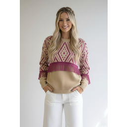 Damski sweter boho z frędzlami i geometrycznym wzorem,