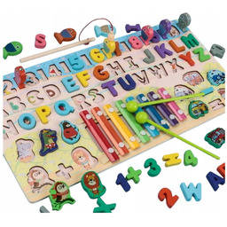Drewniana Układanka Edukacyjna 5w1 Literki Cyferki Cymbałki Rybki