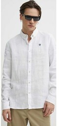 Timberland koszula lniana kolor biały slim z kołnierzykiem