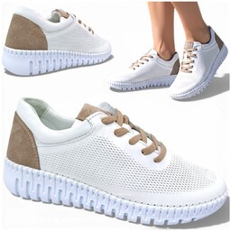 Sneakersy Damskie SKÓRZANE Wygodne Półbuty Białe Ażurowe Letnie