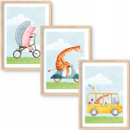 3 Plakaty 50x70 Leśne Zwierzątka Auta Balon