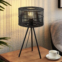 Bambusowa lampa stołowa Lindby Rabiya, czarna, trójnóg
