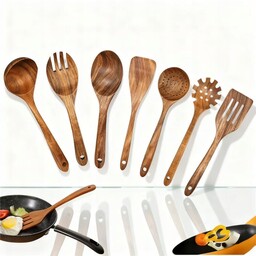 Zestaw: 7 Drewnianych Przyborów Kuchennych Z Naturalnego Drewna