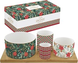 Zestaw 4 szklanek porcelanowych na bambusowej tacy bożonarodzeniowej