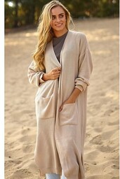 Długi sweter damski z kieszeniami nude S146, Kolor