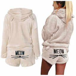 Ciepła piżama kotek pluszowa meow beżowa - S