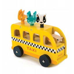 Tender Leaf Toys: Drewniany samochód taksówka ze zwierzątkami