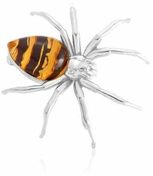 Broszka srebrna pająk z bursztynem