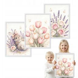 Zestaw 3 obrazów Zajączek Wśród Kwiatów biała ramka