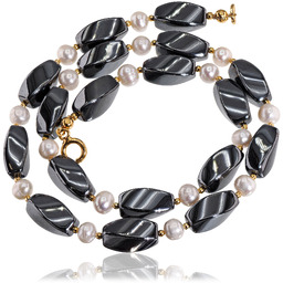 Perły Hematyt Piękny Naszyjnik Złote Srebro