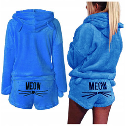 Ciepła piżama kotek pluszowa meow niebieska - L