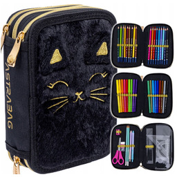 Piórnik Potrójny Z Wyposażeniem Pluszowy Kot Kitty Black