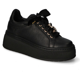 Sneakersy Damskie Skórzane Czarne Na Wysokiej Podeszwie Sneakersy