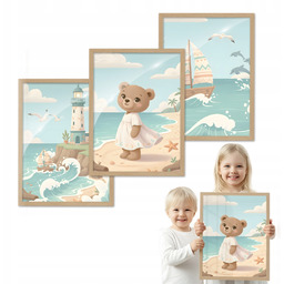 Zestaw 3 obrazów Miś Nad Morzem Do Pokoju