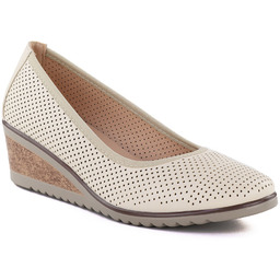 Czółenka damskie półbuty ażurowe na koturnie beżowe Vinceza