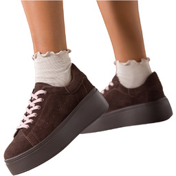 Czekoladowe sneakersy skórzane damskie creepersy na platformie różowe