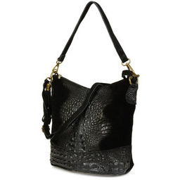 Torebka skórzana zamszowa CROCO listonoszka 2 paski czarna