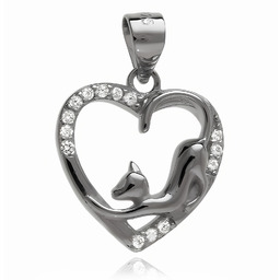 Rodowany srebrny wisior wisiorek serce serduszko kotek cat